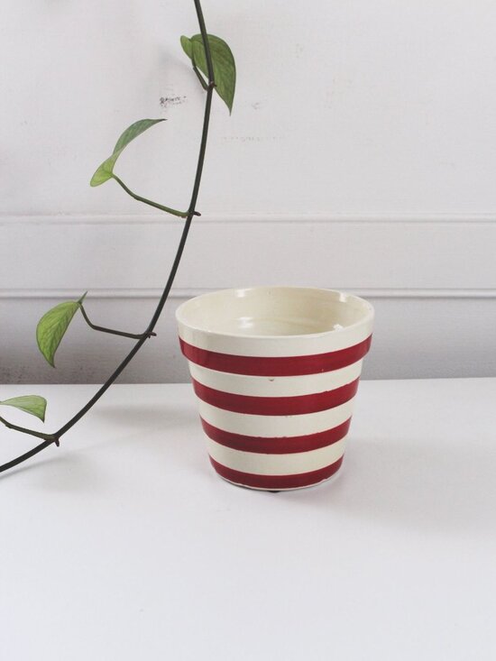 Other - Vintage Red White Striped Ceramic Planter Pot Hand Painted Classic Retro